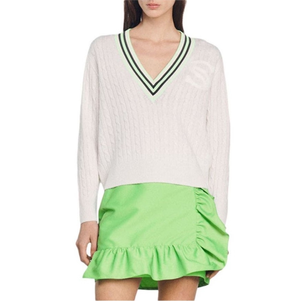 SANDRO  Aubin Wool-Blend Varsity Sweater Ecru Size EU1 US Small New